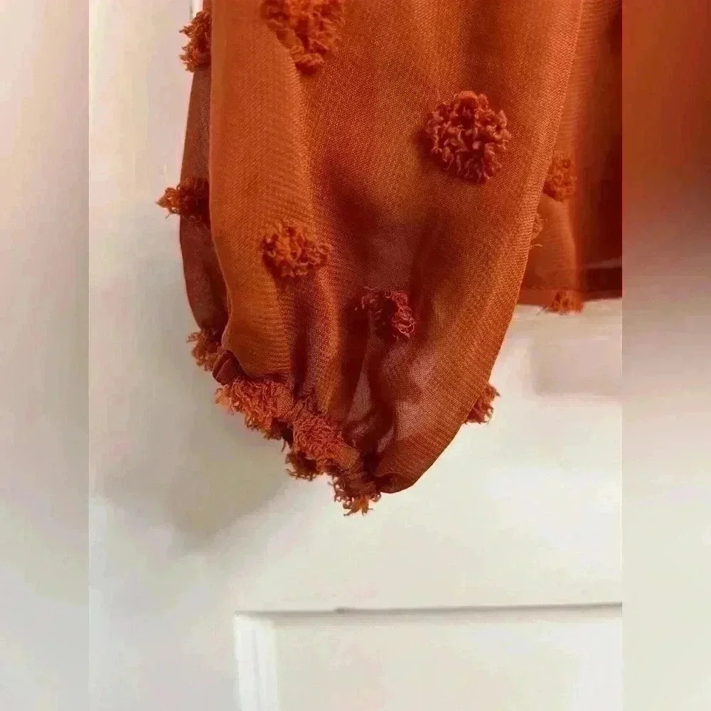 SHEIN Orange Blouse with Pom Poms and a Singapore Collar Size Lg. - Picture 4 of 10